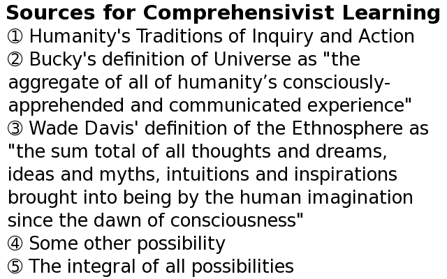 Sources for Comprehensivist Learning ➀ Humanity's Traditions of Inquiry and Action ➠Bucky's definition of Universe as "the aggregate of all of humanity’s consciously-apprehended and communicated experience" ➂ Wade Davis' definition of the Ethnosphere as "the sum total of all thoughts and dreams, ideas and myths, intuitions and inspirations brought into being by the human imagination since the dawn of consciousness" ➃ Some other possibility ➄ The integral of all possibilities